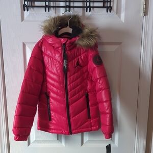 Jordan Red Puffer Jacket with Fur Trim